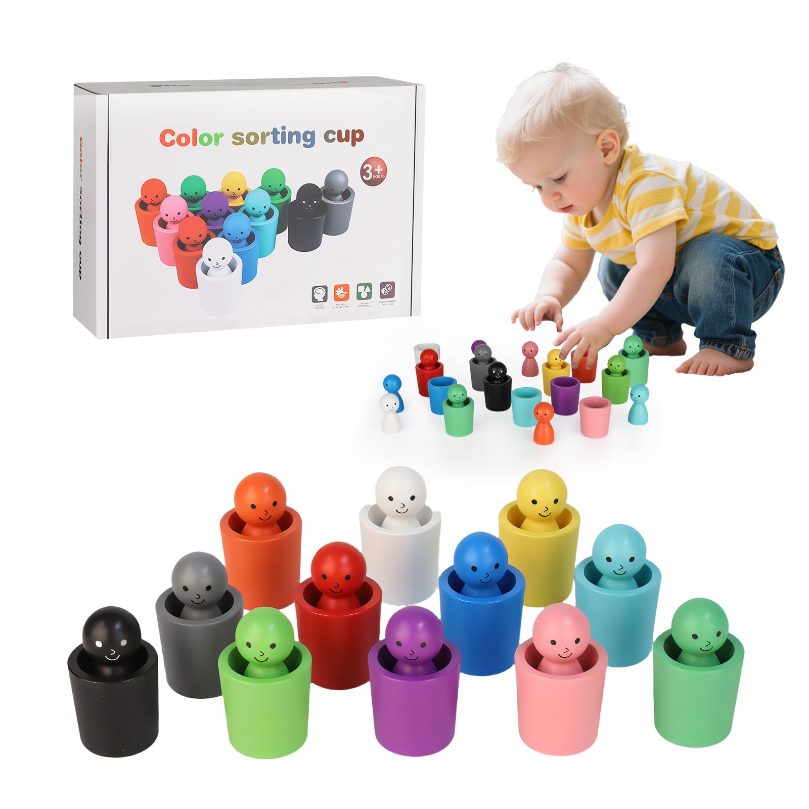 runpeak Colour Sorting Toys for Toddlers - Colour Sorting Sensory Toy for Early Learning, Stacking Cups Baby Set for Fun and Educational Play, Wooden Sorting Toy for 3+ Year Olds Color Matching — image 1