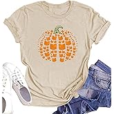 Women Cute Pumpkin Printing Ghost Graphic Fall Shirts Casual Halloween Trendy Tee Thanksgiving Tops