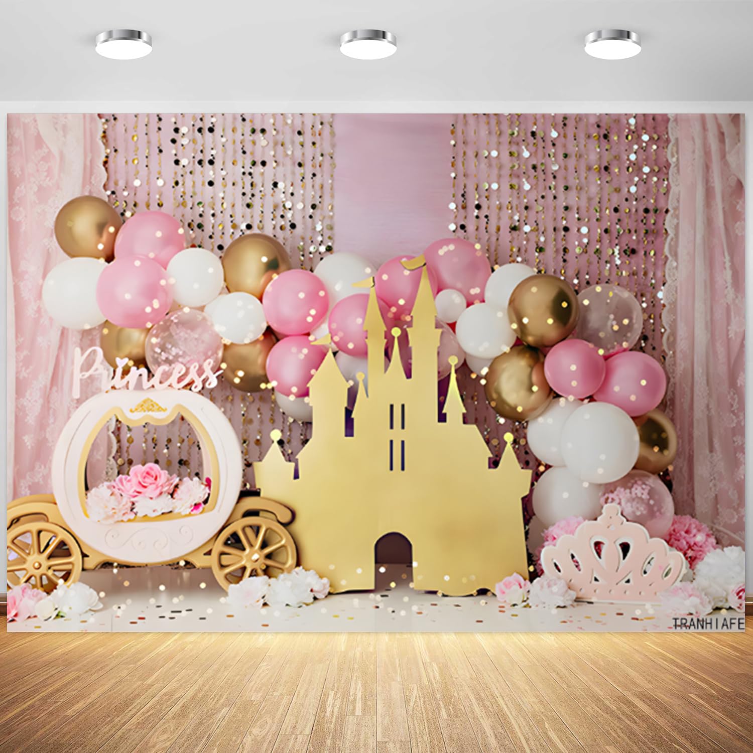 Photo 1 of TRANHIAFE 5x3ft Pink Balloons Princess Birthday Backdrop Sweet One Castle Photography Background Girls Happy Birthday Party Cake Table Banner Decorations Supplies Photo Booth Props