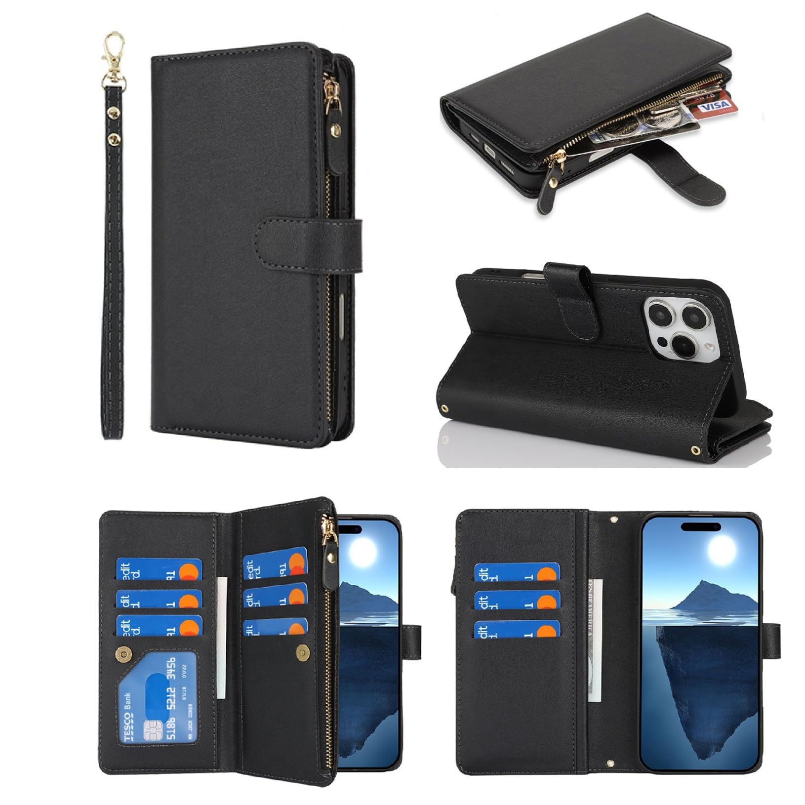 Jaorty Wallet Case for iPhone 16 Pro Max with Strap,for Women Men,[9 Card Slots] [Wrist Strap] Zipper Cash Pocket Magnetic Leather Cover Case,6.9" Black