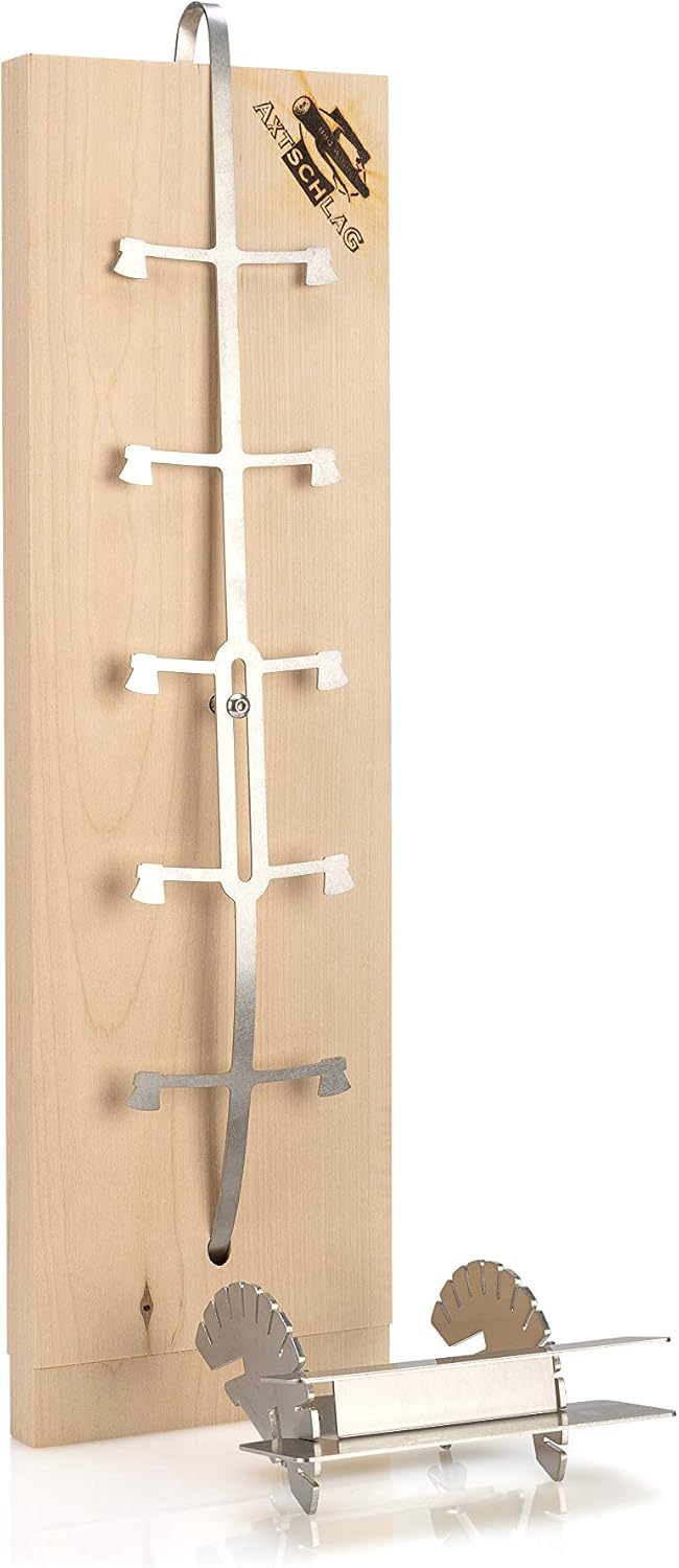 Axtschlag Premium Flammlachsbrett Birkenholz | 10-Fach verstellbare Patent-Halterung aus Edelstahl für Grill, Feuerschale & Smoker | Flammlachs für Kugelgrill & Gasgrill