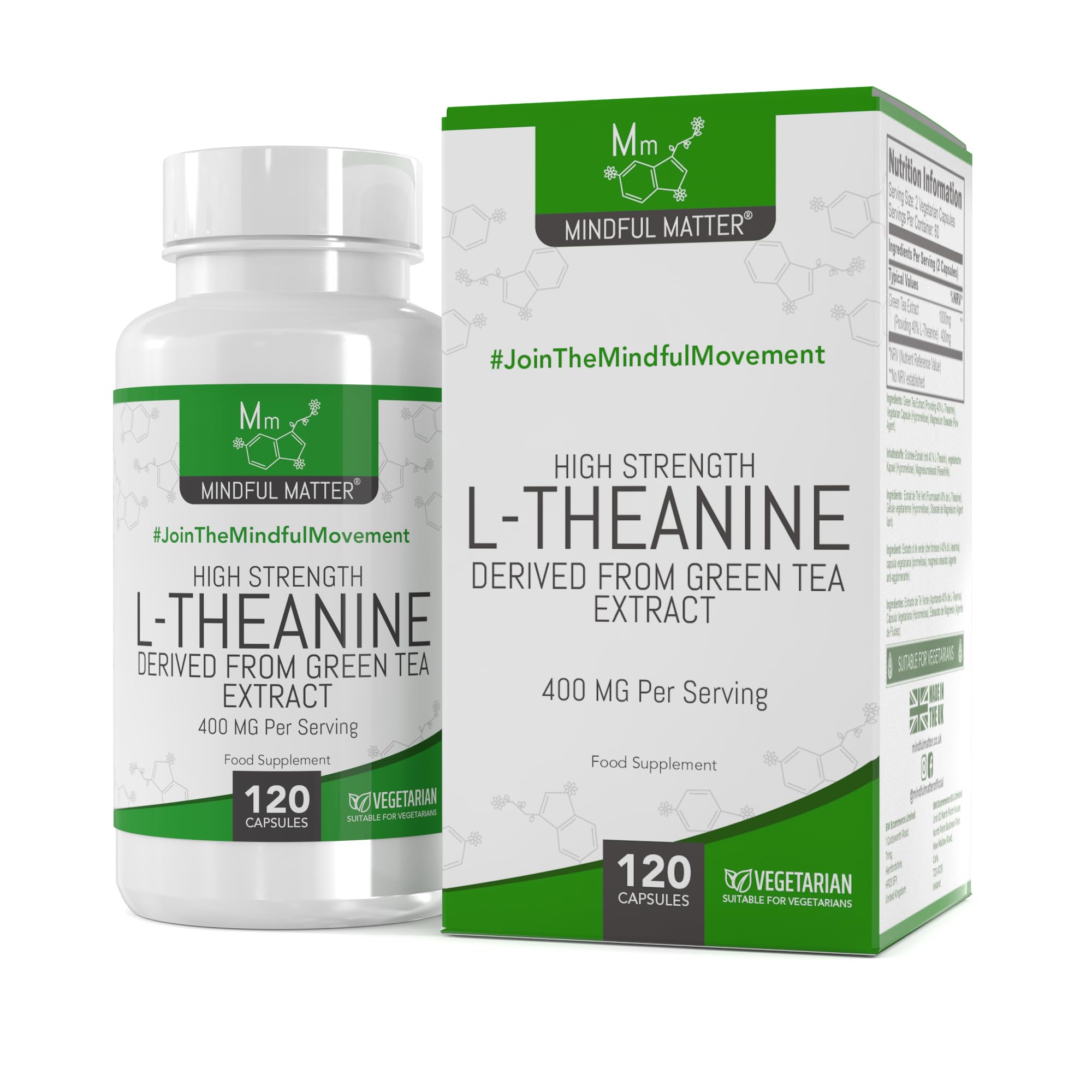 MM L Theanine | 120 L-Theanine Capsules from Green Tea - High Strength 1000mg Green Tea Extract Providing 400mg L'theanine per Serving | L Theanine Supplement | Non-GMO Gluten Free | Made in UK