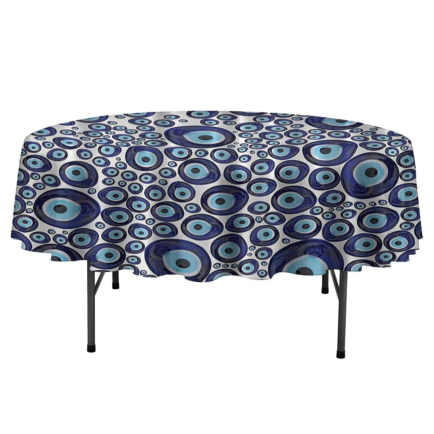 Blue Evil Eye Beads Holiday Tablecloths Protection Stones Hamsa Traditional Folk Art Table Cloth for Holiday Party D35 Inch Exclusive to Pinklim