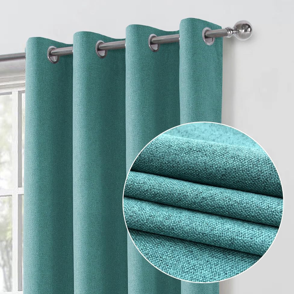 always4u 100% Blackout Curtains for Bedroom 1 Pair Modern Linen Look Window Treatment for Home Decoration 3-layer Fully Lined Thermal Curtain Teal 66x72