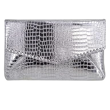 Monique Monique Women Crocodile Pattern Solid Color Cross-body Bag Shoulder Bag Evening Envelope Clutch Wristlet Bag Silver
