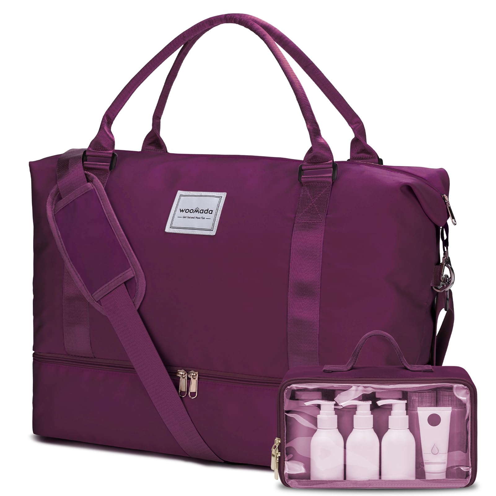 Photo 1 of WOOMADA Weekender Overnight Bag for Women, Carry on Shoulder Travel Duffel with Shoes Compartment,Gym Bag with Toiletry Bag(purple)