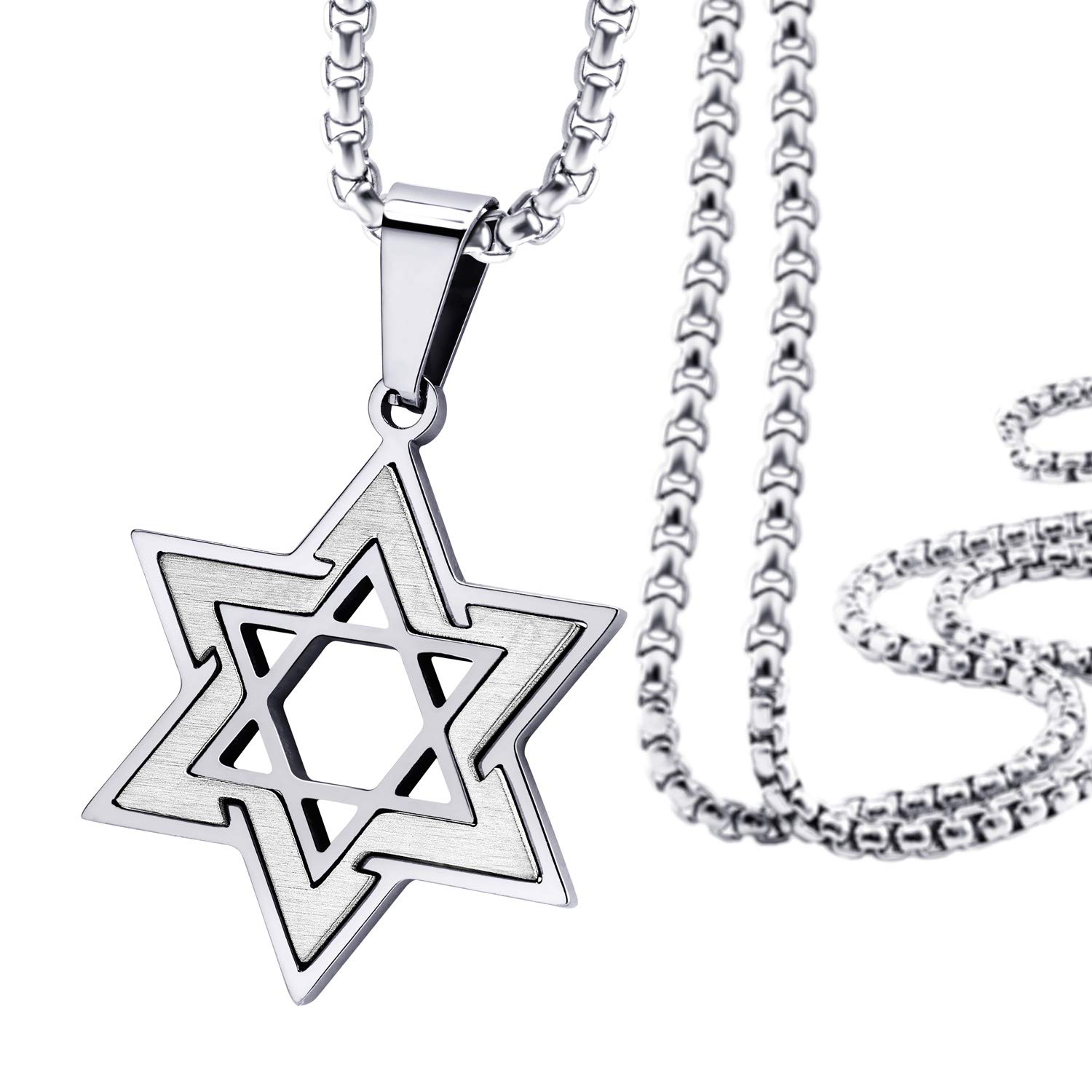 5555Jewelry 2 Tone Stainless Steel Star of David Necklace for Men & Women, Box Chain Star Of David Necklace for Women, Small Jewish Star Necklace, Mens Jewish Star Necklace, 16 Inch, Silver