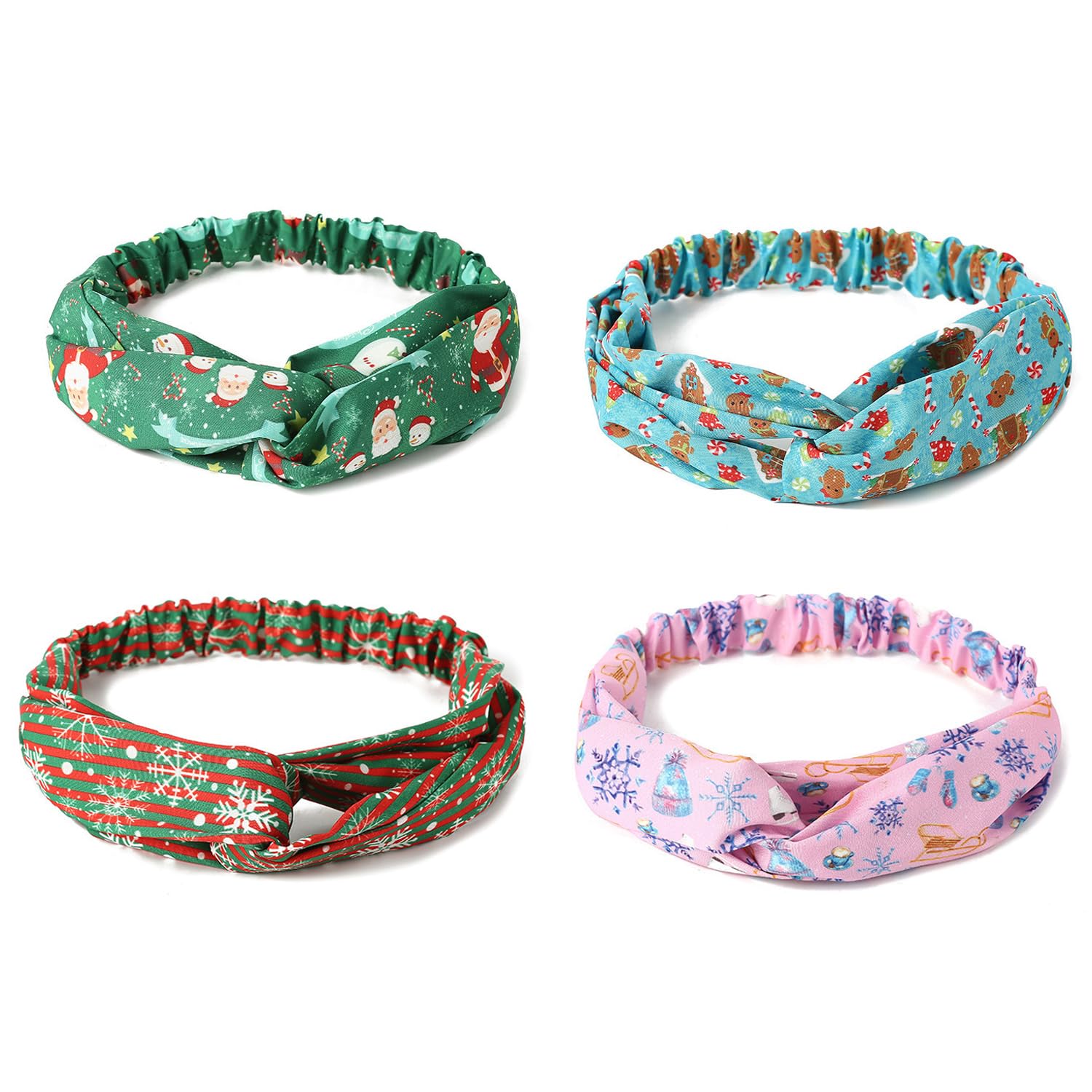 NAUZE 4 Pieces Christmas Twist Knot Headband Elastic Headbands for Womens Santa Snowman Snowman Elk Print Hair Band for Women Girl Christmas Turban Hairband