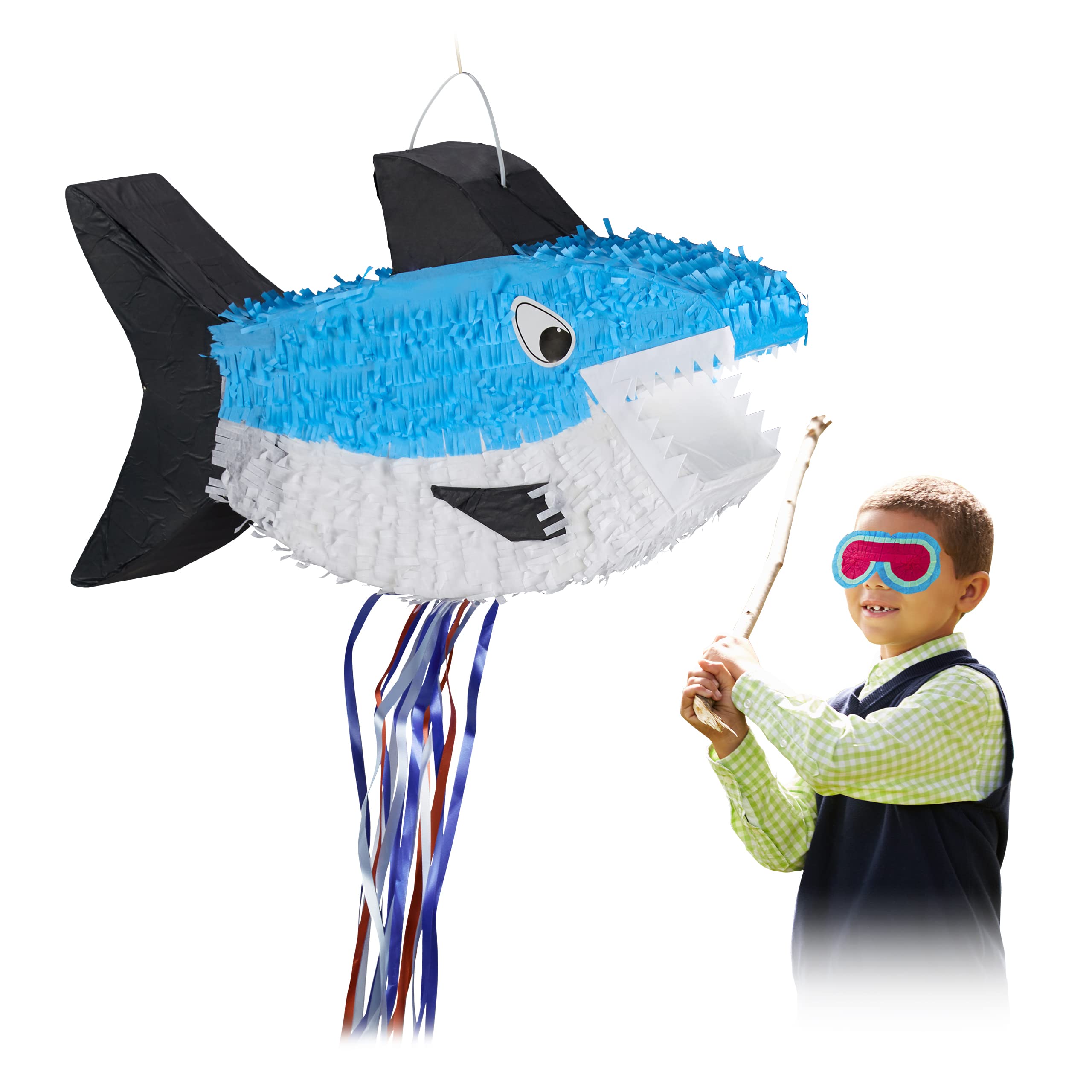 Relaxdays Shark Pinata, Hanging, for Boys & Girls, Birthday Piñata, Fillable, Blue