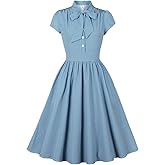 Wellwits Women's Bow Tie Neck Polka Dots Vintage Shirt Dress