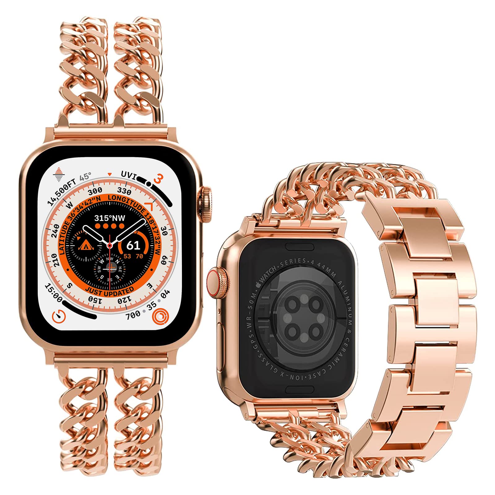 Miimall for Apple Watch Ultra 2/Series 9 Strap, Metal Strap for iWatch 38/40/41/mm 42/44/45/49mm, Adjustable Metal Chain Bracelet, Alloy Band for iWatch Ultra SE Series 9 8 7 6 5 4 3 2 1-Rose Gold