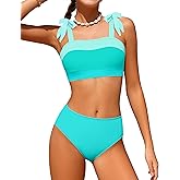 KANGKANG Girls Swimsuit Solid Color Block Adjustable Straps Teen Girl Bikini Set Kids Bathing Suits for Girls Size 7-16