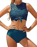 Tempt Me Women Teal Two Piece Lace Bikini Tie Knot