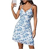 Milumia Women Boho Floral Ruched V Neck Cami Mini Dress Lettuce Trim Spaghetti Strap Short Dress