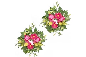 WELL KNOWN 2 Pcs Mini Spring Floral Candle Rings Wreaths for Pillars Home Table Window Decor, 9 Inches Artificial Flower Cabinet Wreath for Kitchen Farmhouse Wedding Party (Fuchsia Pink & Yellow)