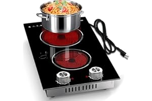 Electric Cooktop 2 Burner, 110V Electric Stove Plug in, 2000W Cooktop Electric Knob Controls, 12 Inch Countertop & Built-In Portable Kitchen Cooktop, 9 Power Levels, Karienvir, Residual Heat Warnings