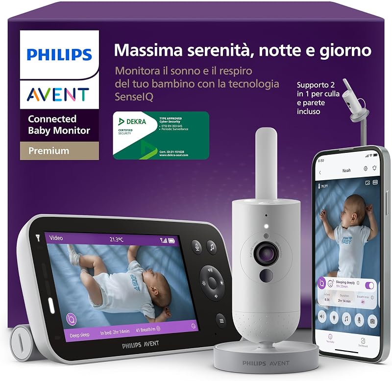 PHILIPS Avent Premium Connected Baby Monitor, il monitor più avanzato di sempre di Avent, controllo di sonno e respirazione con IA, HD, app, SCD973/26
