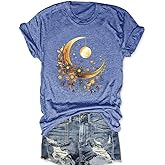 Women Mystical Sun and Moon Shirts Vintage Wildflower T Shirt Hipped Graphic Tees Short Sleeve Vacation Tops