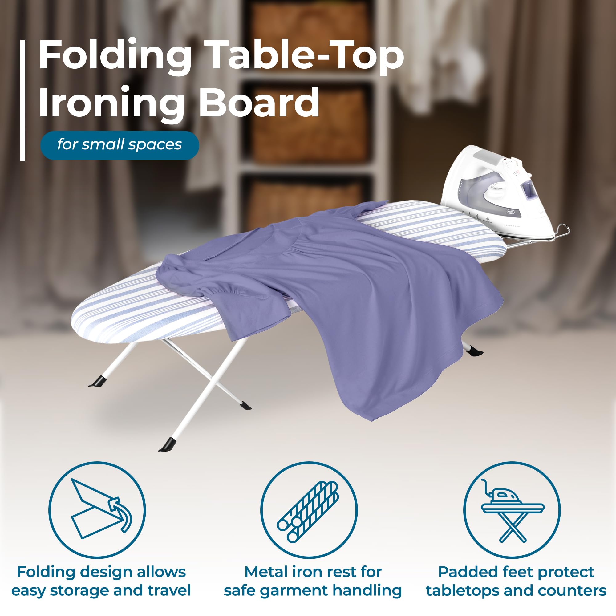Honey-Can-Do Folding Tabletop Ironing Board with Iron Rest, Blue, 32” L x 12” W, Steel Frame