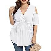 TIANZHU Plus Size Tops for Women Sexy Empire Waist Dressy Short Sleeve Shirts with Cold Shoulder Detail