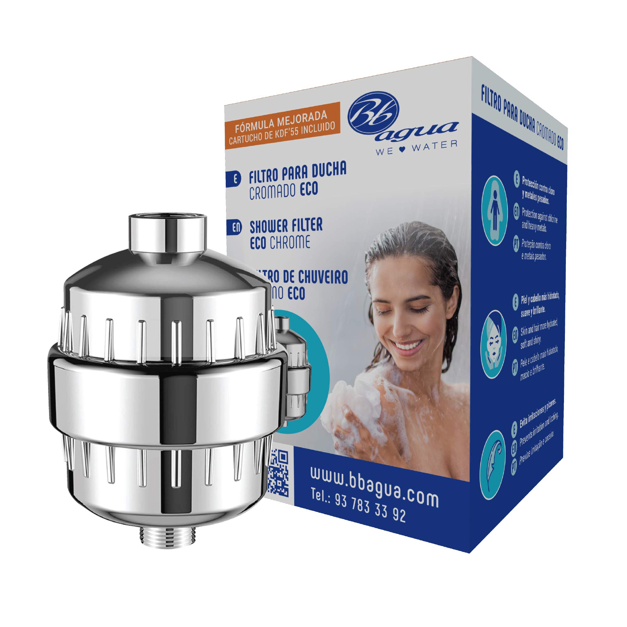 ECO Chrome Shower Filter. Shower Filter with Activated Carbon. Eliminates Chlorine, Odor and Taste. Easy to Install. Take Care of Your Skin and Your Hair. Bbagua.