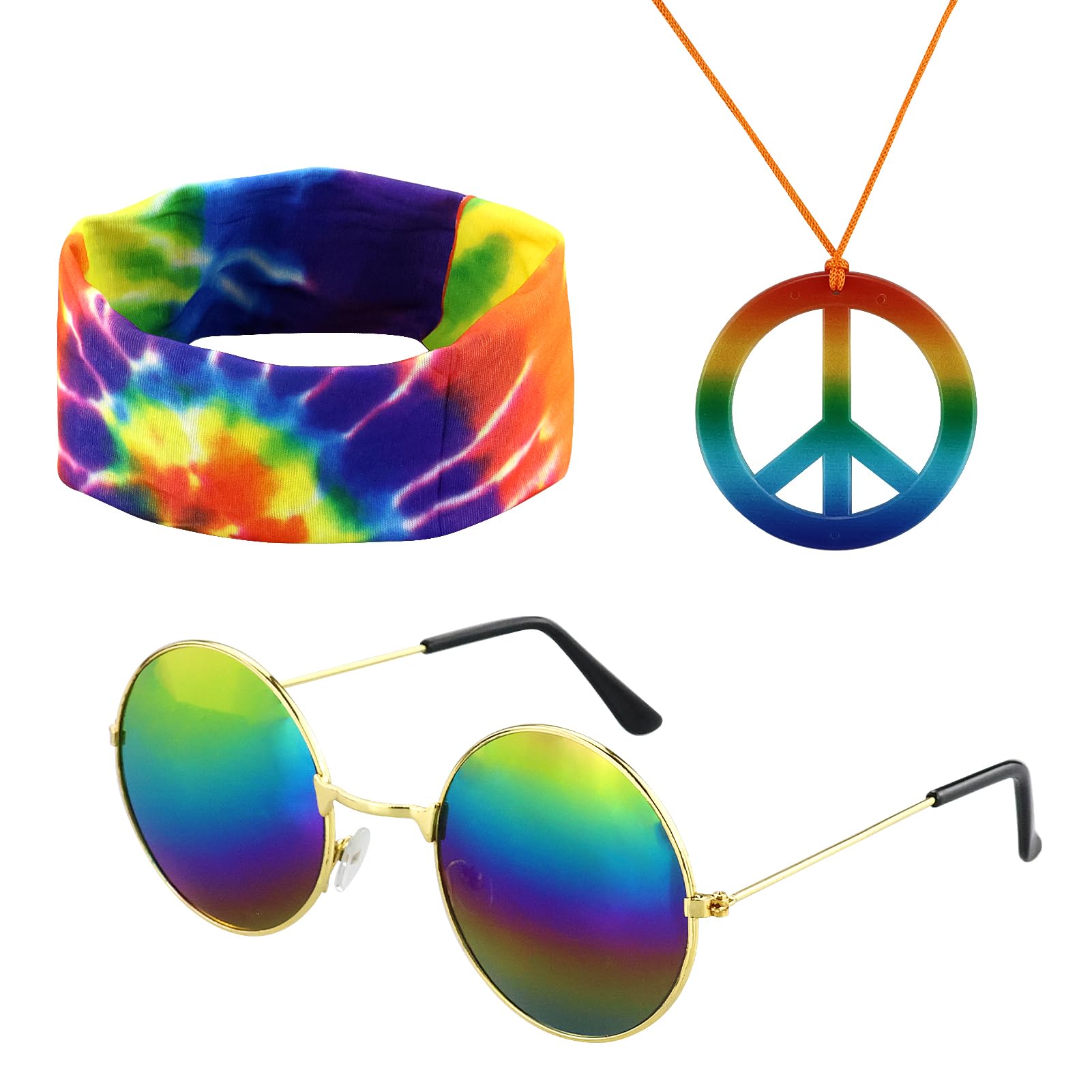 CIJIAINIENG 3 Pieces Hippie Costume Set Hippie Sunflower Headband Peace Sign Necklace Round Hippie Sunglasses for Hippie Fancy Dress Accessory, 60s 70s Dressing Accessories for Hippie Fancy Dress