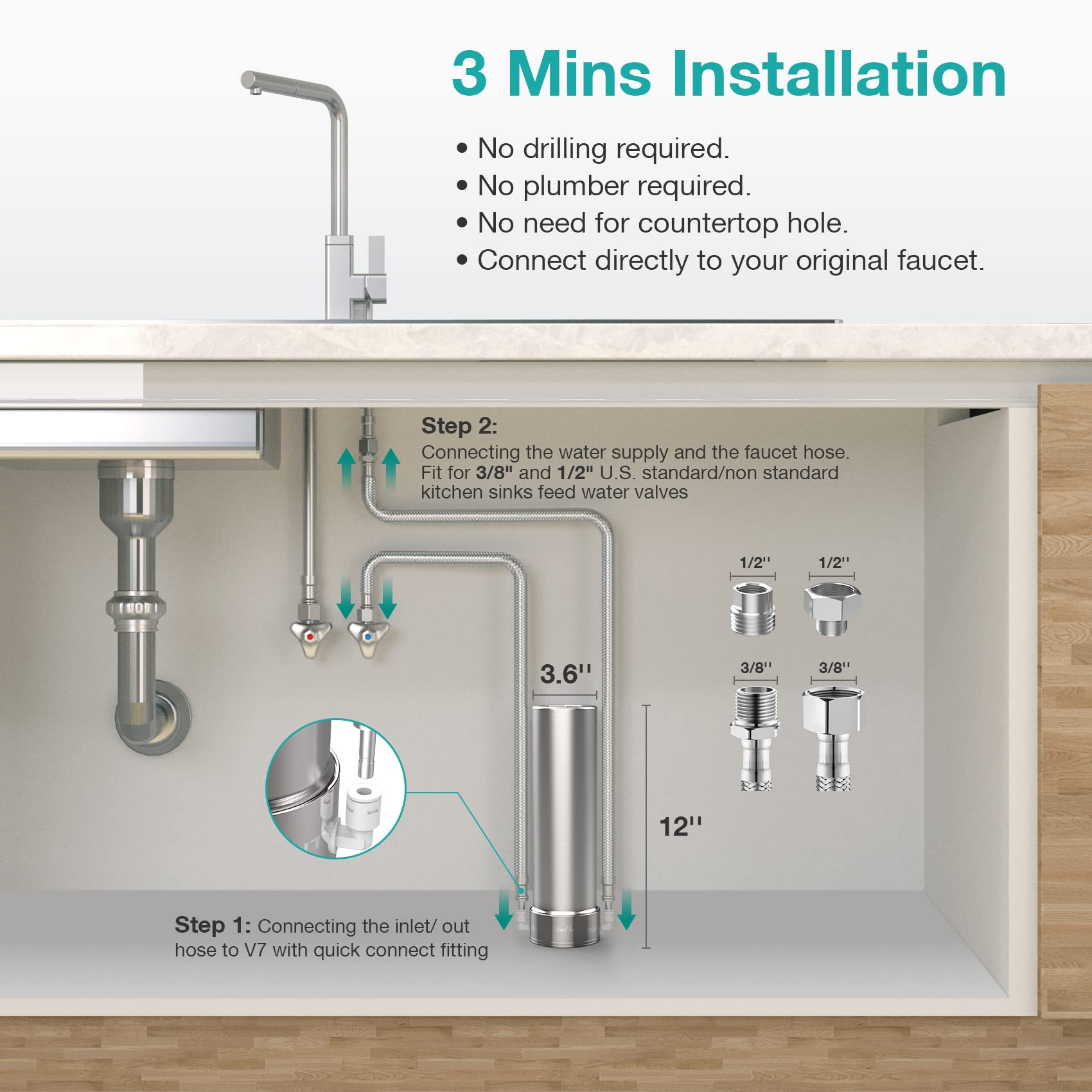 SimPure V7 Under Sink Water Filter, 5-Stage Stainless Steel Water Filtration System Direct Connect to Kitchen Faucet, Reduces 99% Lead, Chlorine, Bad Taste, 20K Gallons (No Drilling Required)