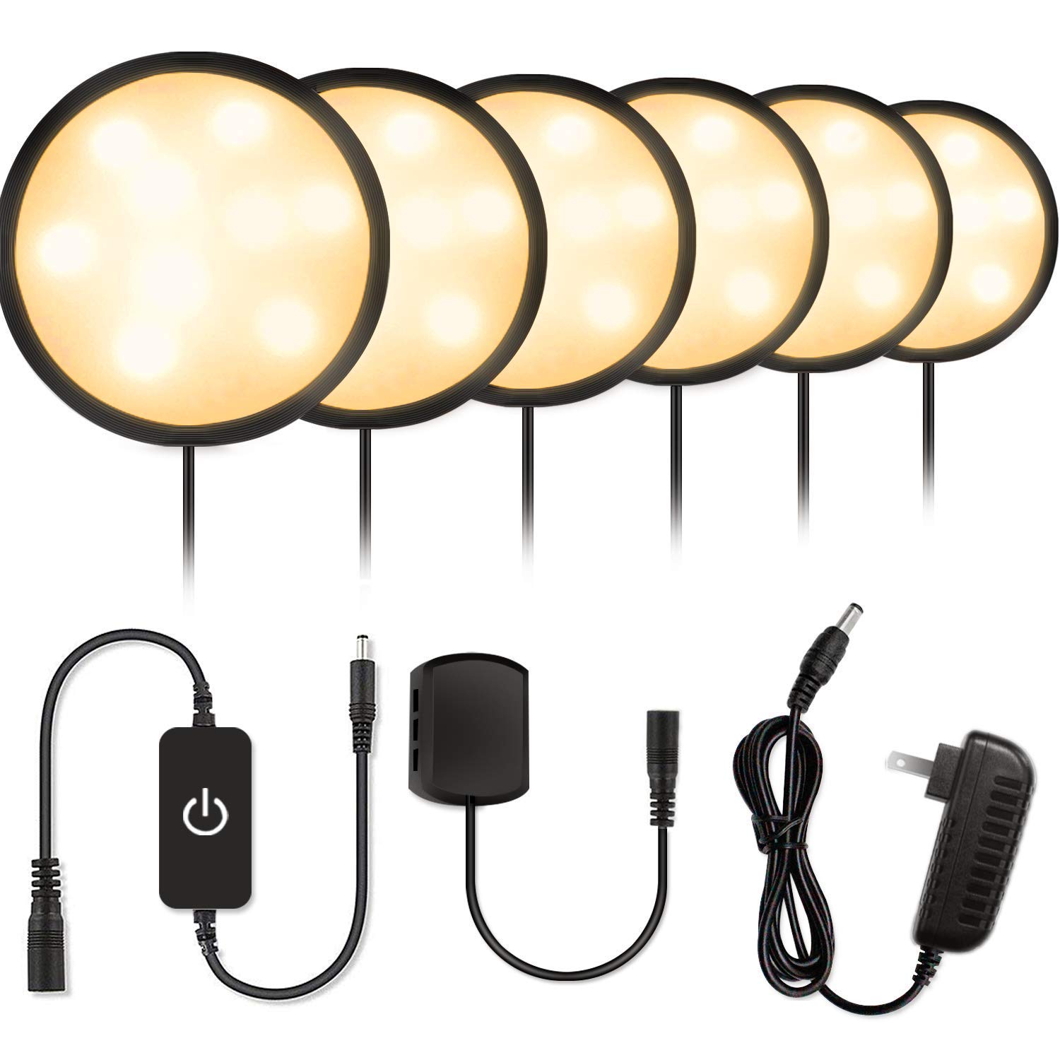 Photo 1 of YGS-Tech LED Under Cabinet Lighting Kit, 1020 Lumens LED Puck Light, 3000K Warm White, CRI90+, Touch Dimming, Black Trim All Accessories Included, for Kitchen, Closet Lights, Safe Light, 6-Pack