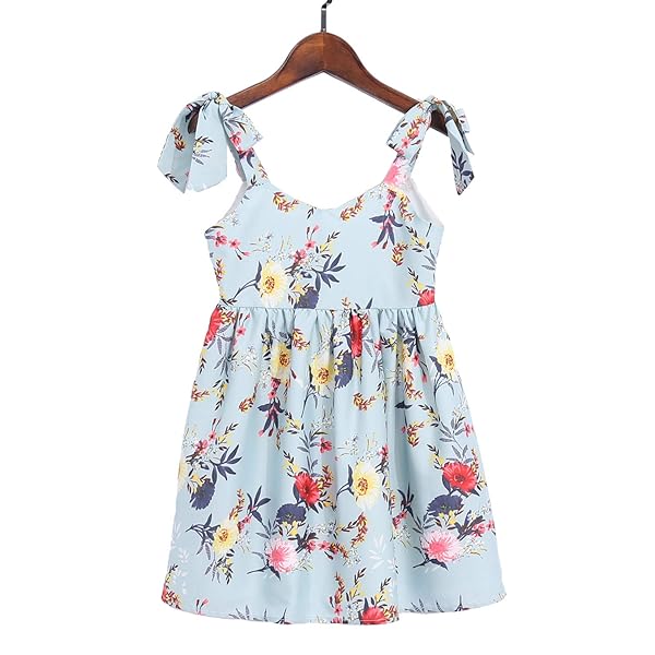 POPREAL MOMMY AND ME FLORAL PRINTED DRESSES SHOULDER STRAPS BOWKNOT CHIFFON SLEEVELESS MATCHING OUTFITS LIGHT GREEN