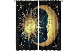 ICMOLYYENLO Sun and Moon Curtain, Boho Chic Art Golden Sun Moon and Stars Over Blue Black Sky Antique Style Polyester Cloth Print Living Room Bedroom Window Drapes 2 Panel Set, 63x72 inch