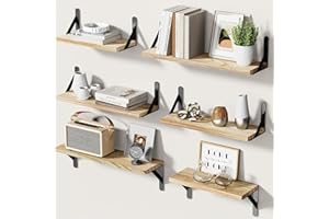 AMADA HOMEFURNISHING Wall Shelves Set of 6, Rustic Farmhouse Style, Wood Floating Shelves for Wall Decor, Bathroom & Bedroom Storage, Living Room Book Shelves, 6pcs