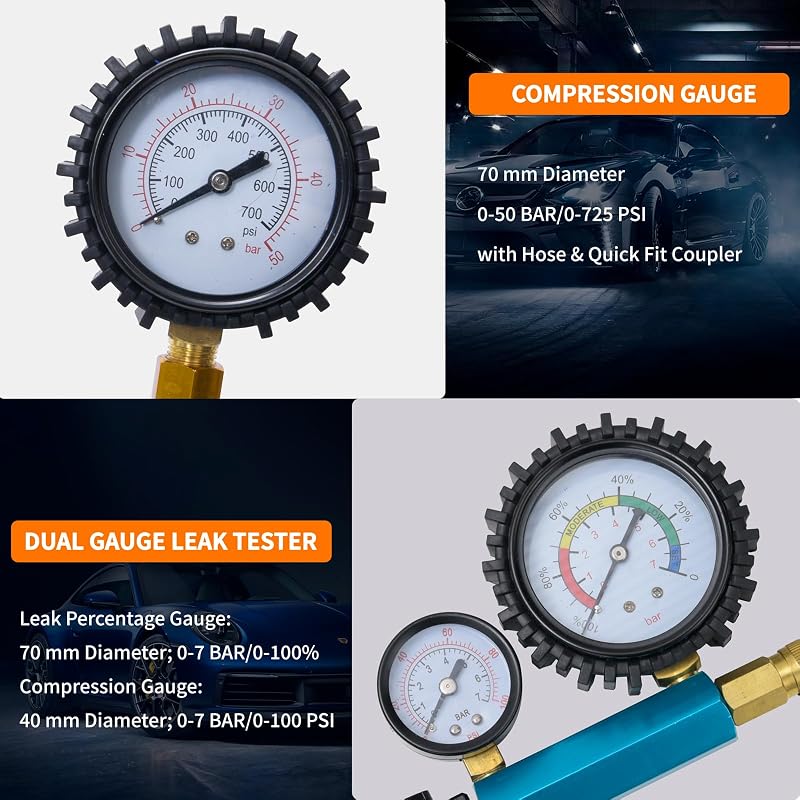 46pz Tester Compressione e Perdite per Motori a Benzina & Diesel, Prova Compressione Motore, Tester di Perdita di Pressione per la Maggior Parte di Auto, Camion, Motociclette