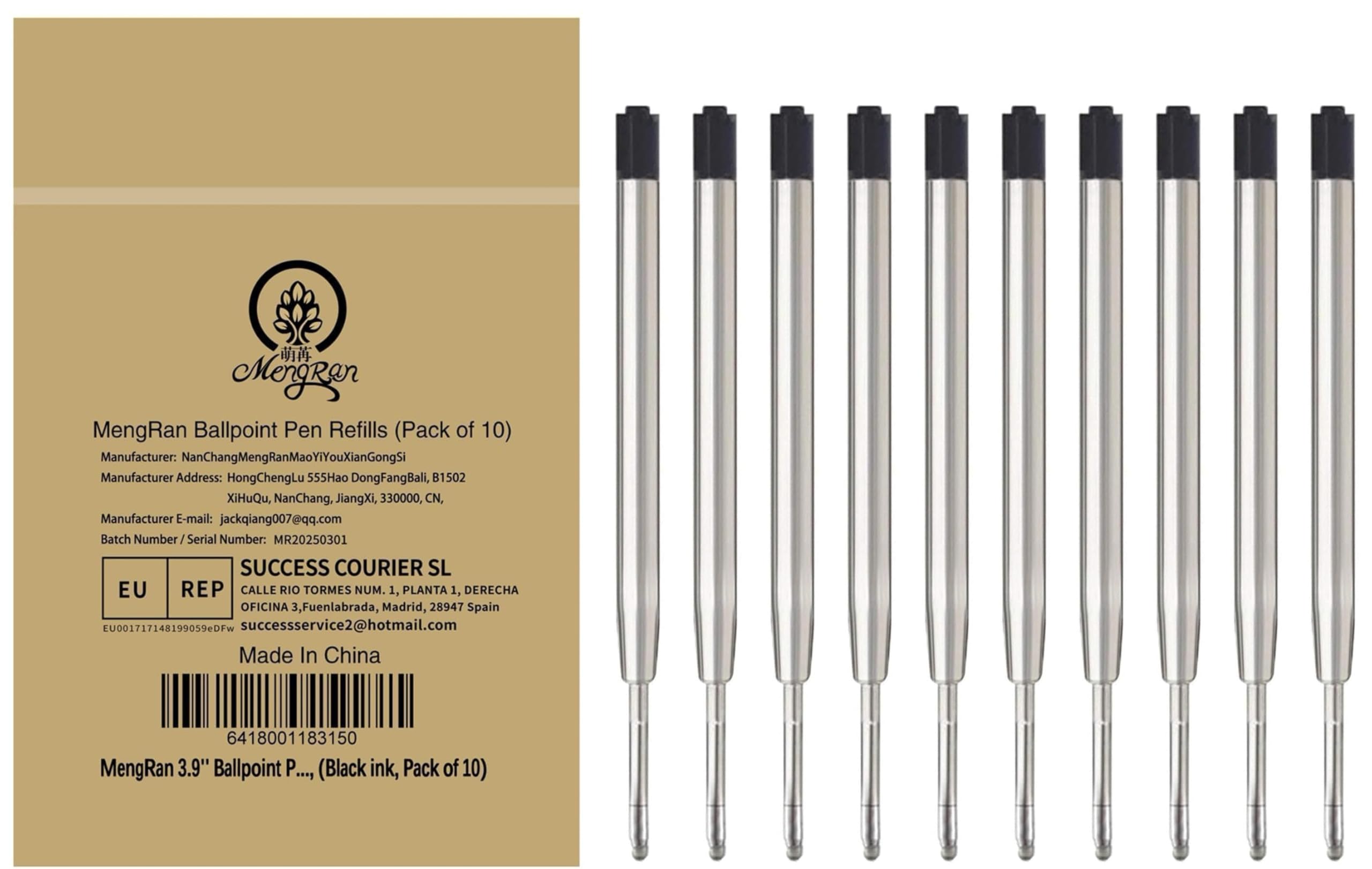 MengRan 3.9'' Ballpoint Ink Pen Refills for Click Pens,1mm Medium Tip,Compatible with Parker Pen Refill (Pack of 10) (Black Ink)