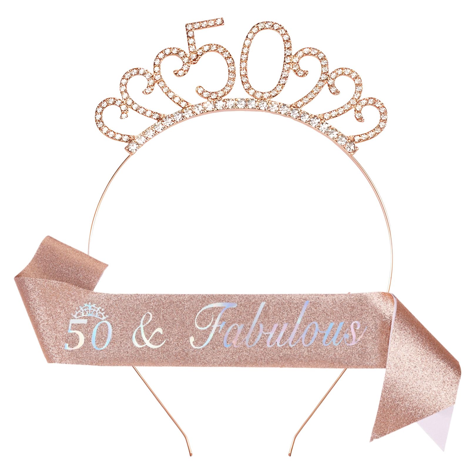Mzbnfa 50th Crystal Tiara Crown and Birthday Sash Set - 50th Gifts for Women, Rose Gold Glitter Sash, Rhinestone Crown for Birthday Decorations Women Party Accessories
