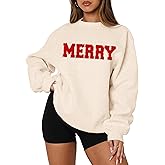 MAPICK Merry Sweatshirt for Women Christmas Fleece Linend Sequin Sweaters Crewneck Oversized Long Sleeve Pullover Tops