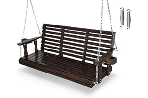 Fortune Candy Wooden Porch Swing 3-Seater, High Backrest and Deep Seat, Bench Swing with Cupholders, Hanging Chains and 7mm Springs, Heavy Duty 880 LBS (Deep Brown, 5 FT Extra Large)
