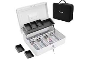 Polspag Cash Box with Bag, Metal Money Box with Money Tray, Large Locking Cash Boxes with Lock, Deluxe Lock Safe Box, Portable Cash Box with Adjustable Coin Box, 4 Bill 5 Coin Slots, 2 Keys, White