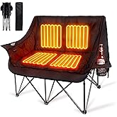 YepXearn Double Heated Camping Chair, Fully Padded Oversized Loverseat Camping Chair w/ 2 x Cup Holder, Pillow, 2 Person Camping Couch for Outdoor, Patio, Supports 600lbs, Black, No Power Bank