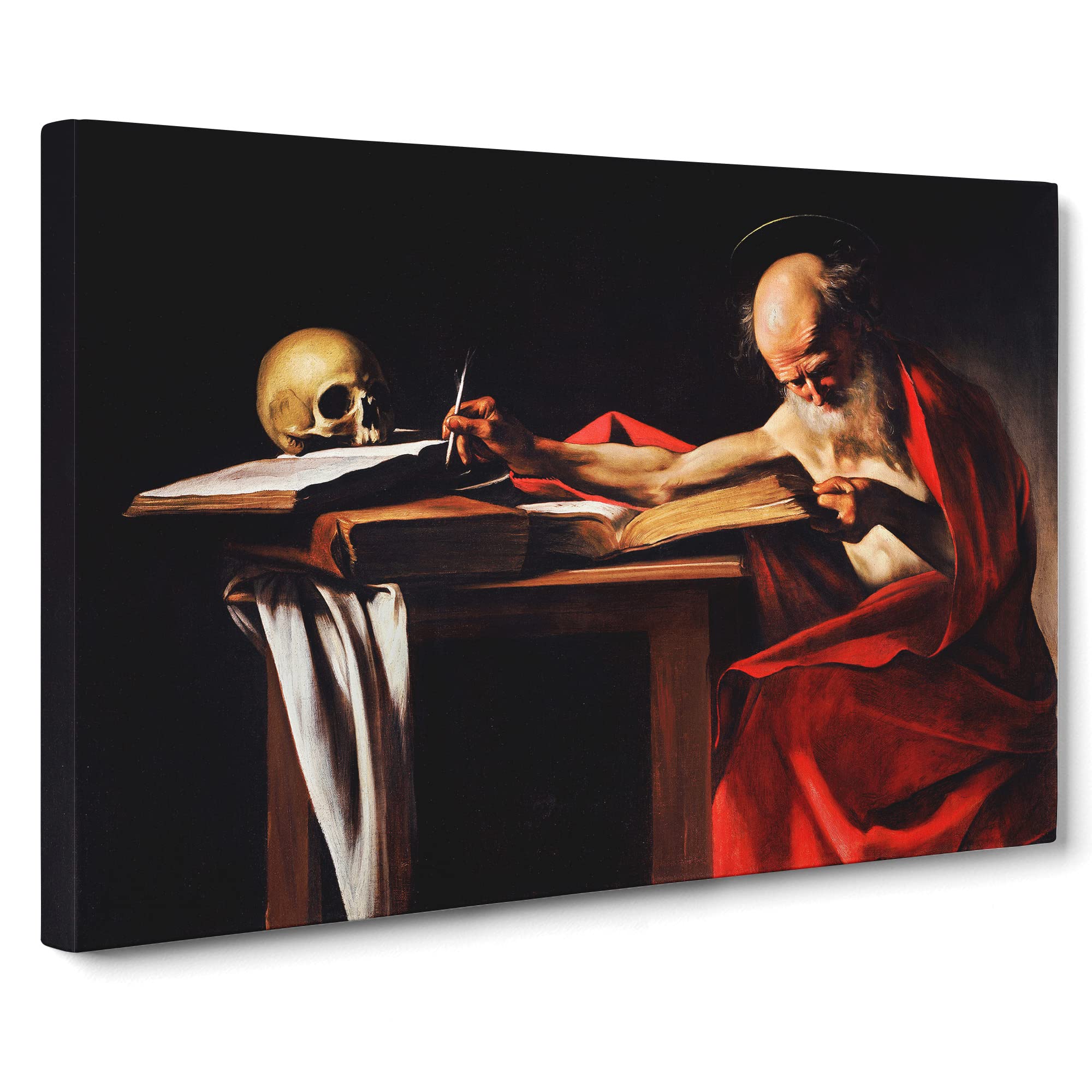 Saint Jerome Writing By Caravaggio Canvas Print | Gallery Wrapped 30mm Frame Wall Art | 20x14 inches | Ready to Hang | Baroque Religious Picture | Living Room Bedroom Lounge Office