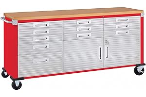 Seville Classics UltraHD Heavy Duty Rolling Cabinet Workbench Table w/Solid Wood Top, Workstation for Garage, Warehouse, Office, Workshop, 77" W x 20" D x 37.5" H, Red, 11-Drawer