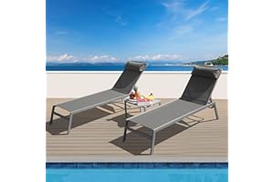 DOMI OUTDOOR LIVING Domi Patio Chaise Lounge Set, Aluminum Pool Lounge Chairs with 5 Adjustable Position, Breathable Textilene Fabric, Sunbathing Pool Chairs with Headrest and Side Table, Grey