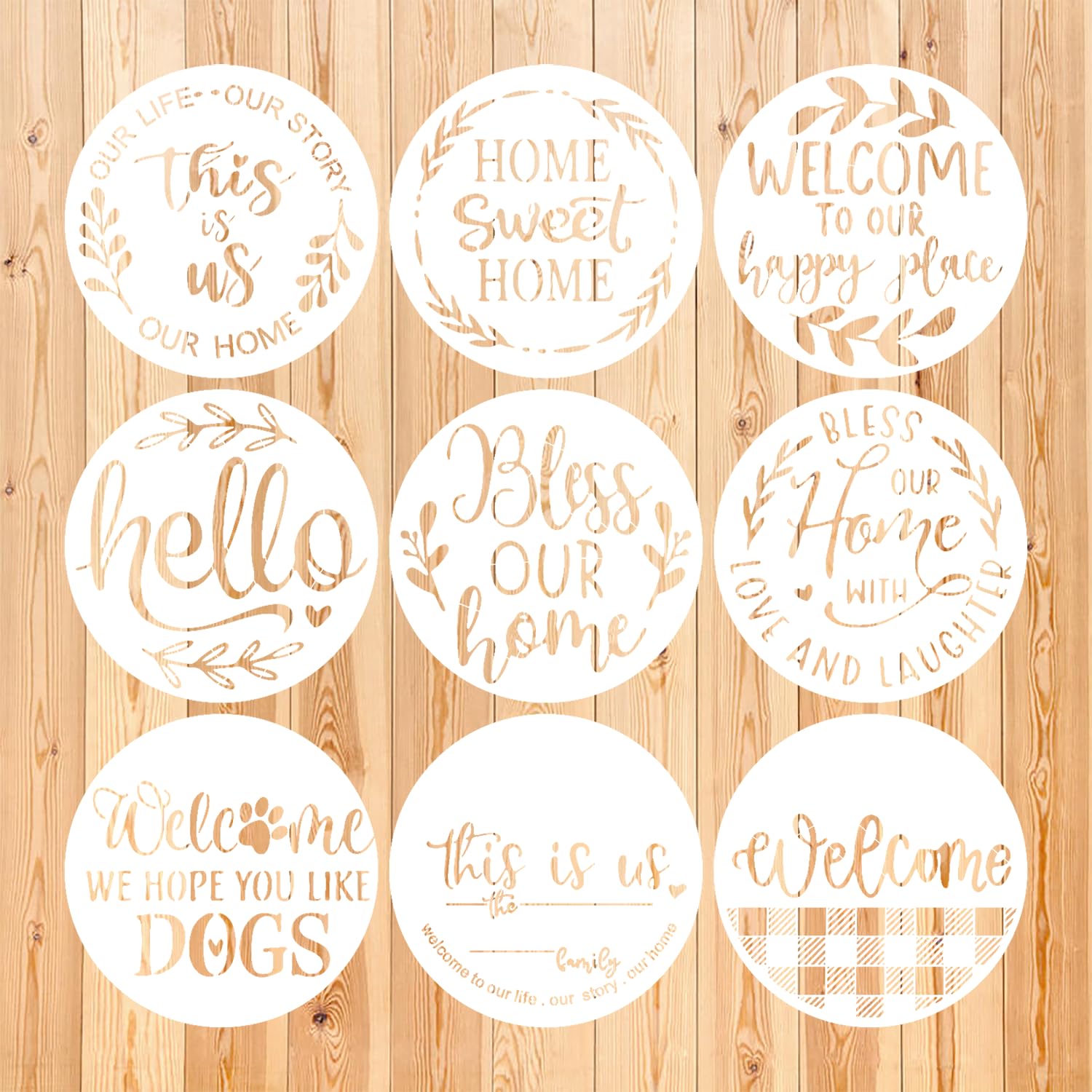 Photo 1 of Welcome Stencils for Painting on Wood, 12” Round Stencils for Painting, Stencil for Crafts Reusable Drawing Templates for Door Hanger, Porch Wood Sign, Welcome Mat