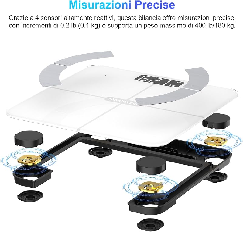 Bilancia Impedenziometrica Professionale, Bilancia Pesapersone Digitale 4 Elettrodi con App, Analizza Massa Grassa, Muscoli, BMI, 13 Misurazioni, Max 180 kg
