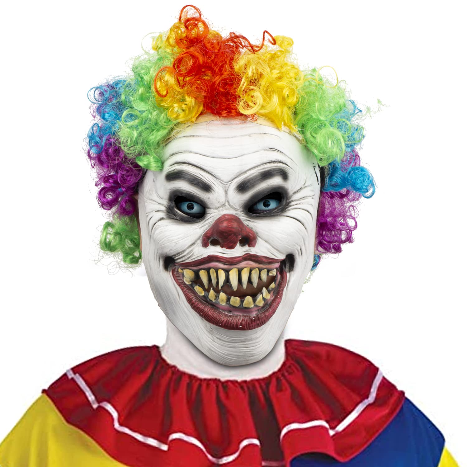 CreepyParty Clown Mask with Colorful Wig Halloween Scary Horror Human Full Head Latex Mask Costume Masks for Adults