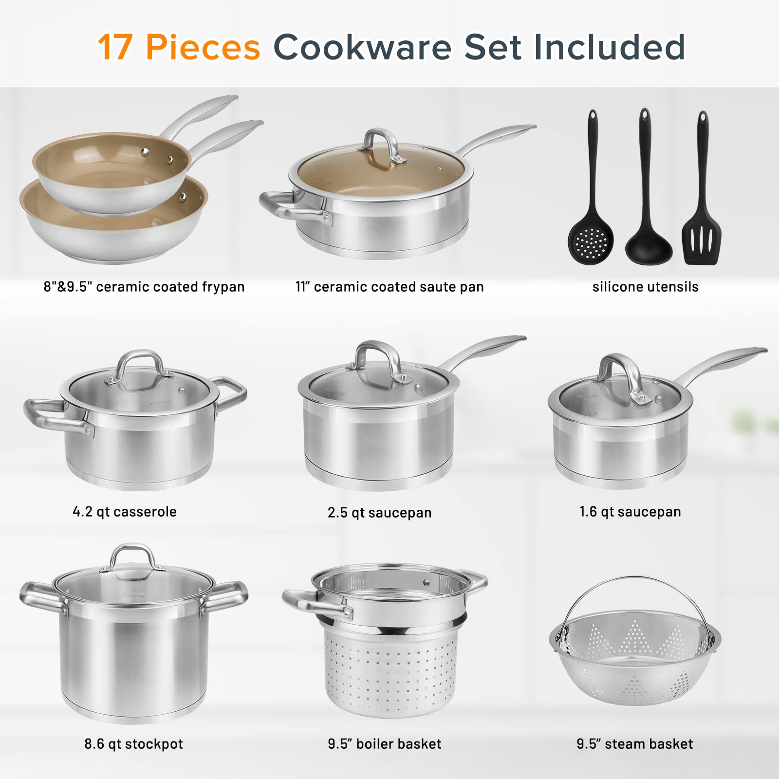 Duxtop 17PC Professional Stainless Steel Induction Cookware Set, Stainless Steel Ceramic Nonstick Pan Set, Impact-bonded Technology, FUSION Titanium Reinforced Ceramic Coating, Brown