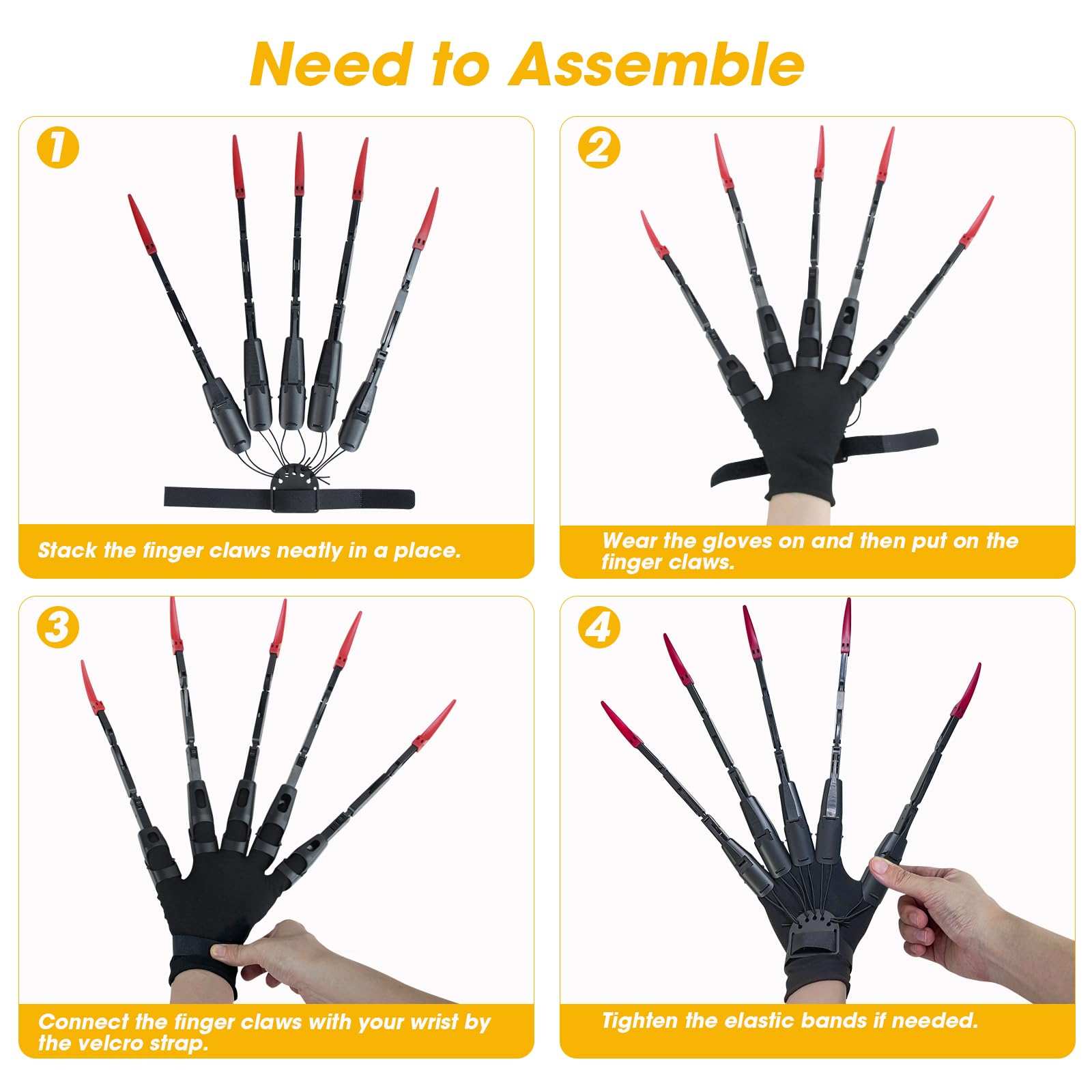 NICENICY New Articulated Finger Extensions With Protective Glove, Halloween Fingers With Fingernails, Long Claw With Gloves, Scary and Flexible Skeleton Claws Hands (Black+Black Nail)