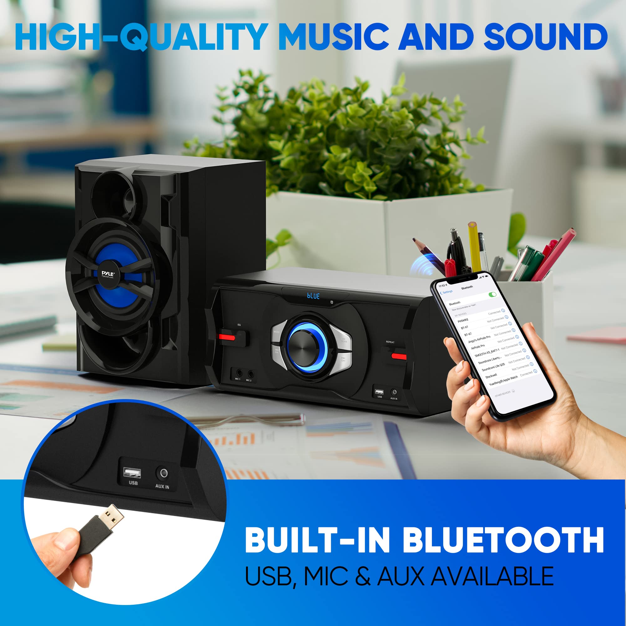 Pyle 3-piece Wireless BT Streaming Stereo with 800 Watt Max Power, Sleek and Compact Design, Mini System for Home with MP3, USB, FM Radio, Bass Reflex Speaker, and Remote Control