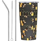 LYEMVHE Bee Tumbler with Lid and Straw Insulated Travel Coffee Mug 20oz Double Wall Vacuum Stainless Steel Water Bottle Cup for Women Keep Cold or Hot
