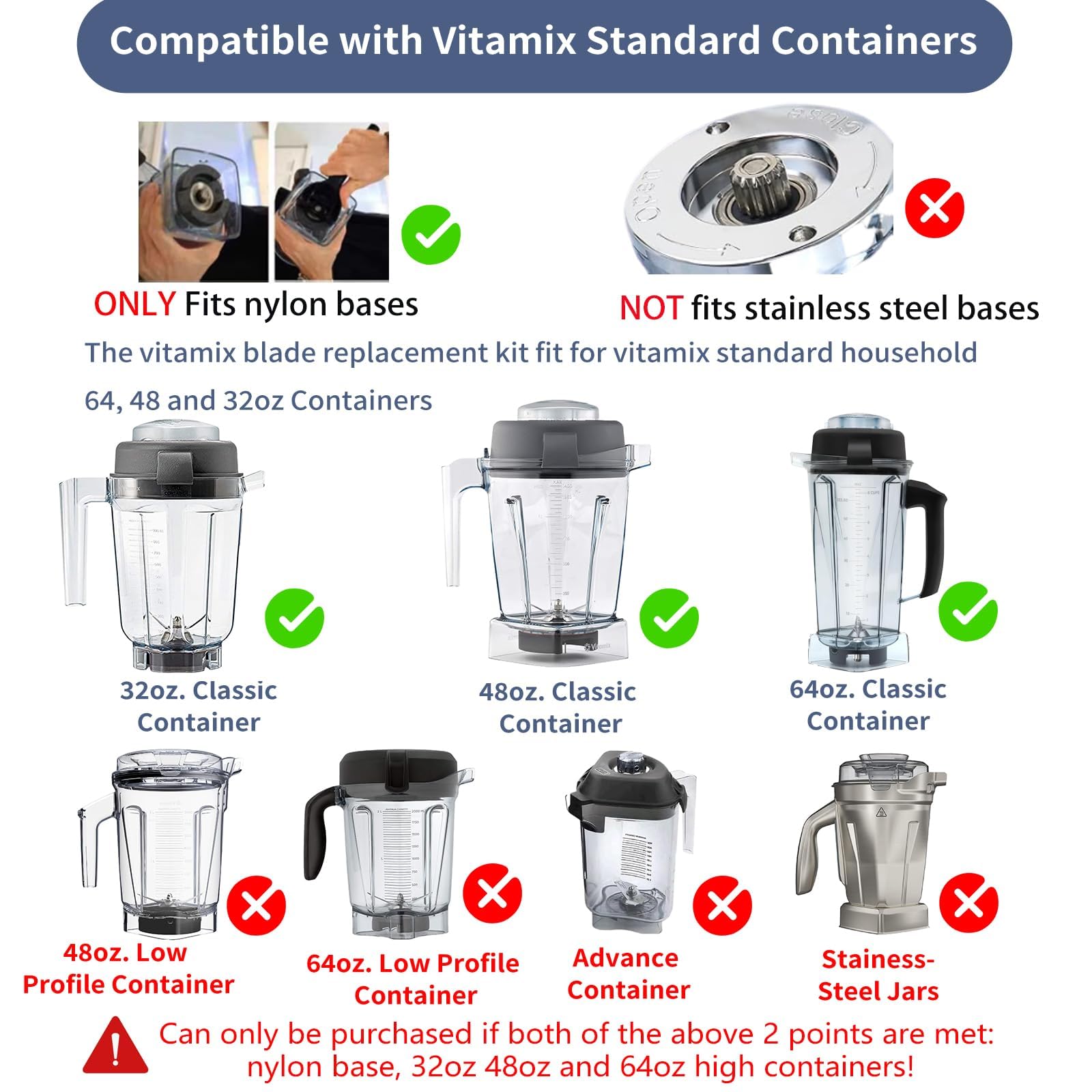Compatible with vitamix Replacement Blade Parts with Wrench and Drive Socket Removal Tool Kit, 5200 5000 4500 5500 Blender Wet Blade Replacement, Fit for 64oz 48oz 32oz Classic Container -2 YR Support
