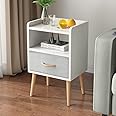 LUCKNOCK Modern Nightstand with Fabric Drawer, Mid-Century Bedside Table, Small Wood Nightstand for Bedroom, 2-Tier Open Shelf Design, Space-Saving, White.